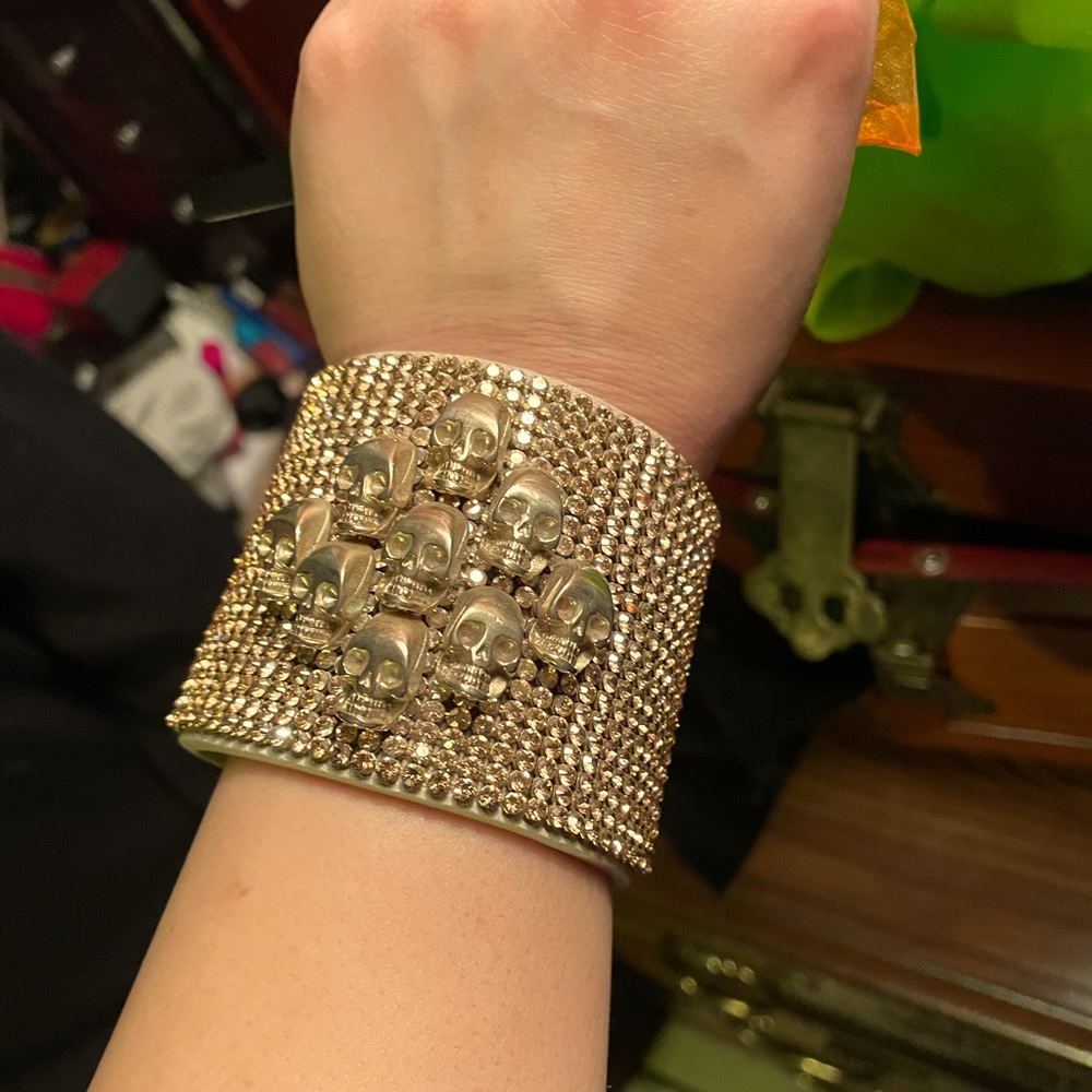Runway Rockstar leather, crystal skull cuff. Spectacular